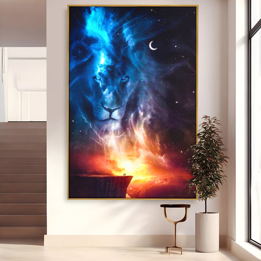 Tablou canvas cu tablou canvas cu leu in univers, in rama de aluminiu auriu